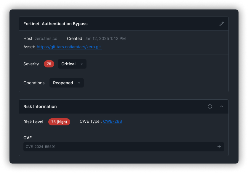 TARS ASOC Platform Vulnerability Card